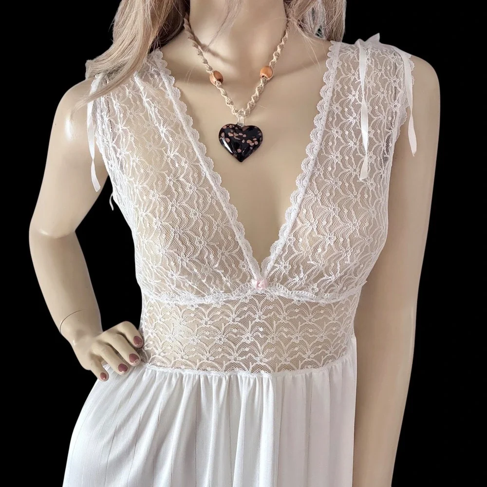 Vintage 80s White Lace Bridal Nightgown Small Deep V Sheer Bodice Maxi Gown - Picture 2 of 7